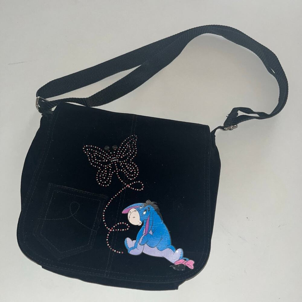 Disney Winnie the Pooh Faux Black Velvet Y2K Eeyore Butterfly Crossbody (0964)